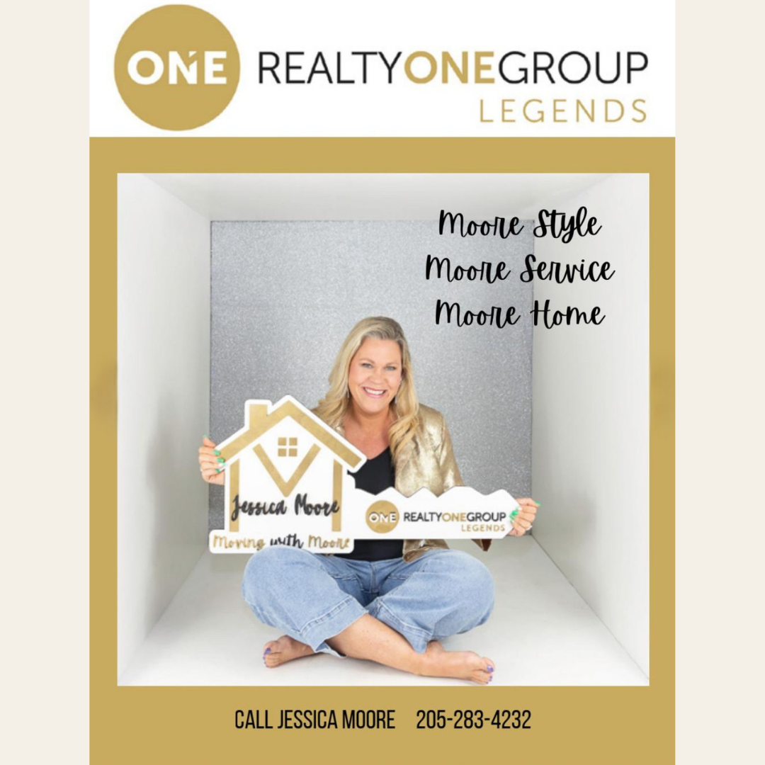 Woman holding a sign with 'One Realty One Group Legends' and contact information on a white background.