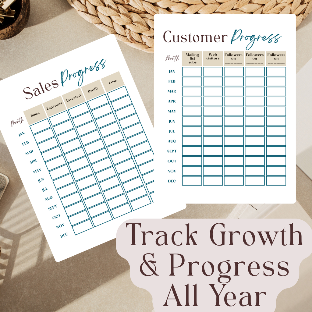 Two sheets of paper with tracking charts titled 'Sales Progress' and 'Customer Progress' on a textured surface.