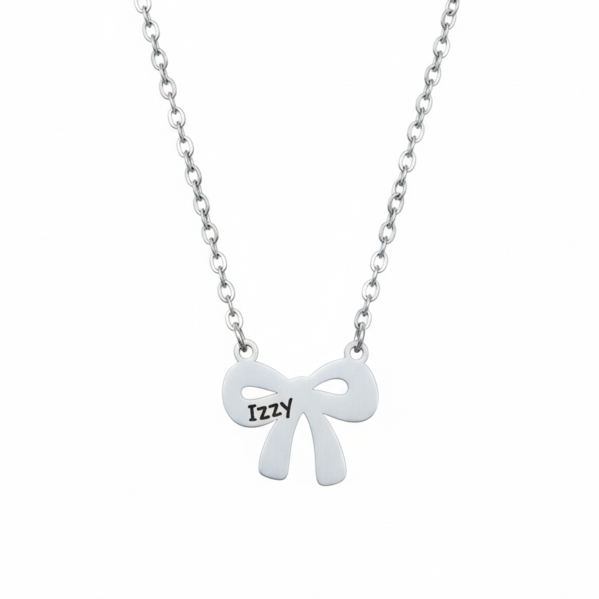 Silver bow-shaped necklace with 'Izzy' engraving on a white background