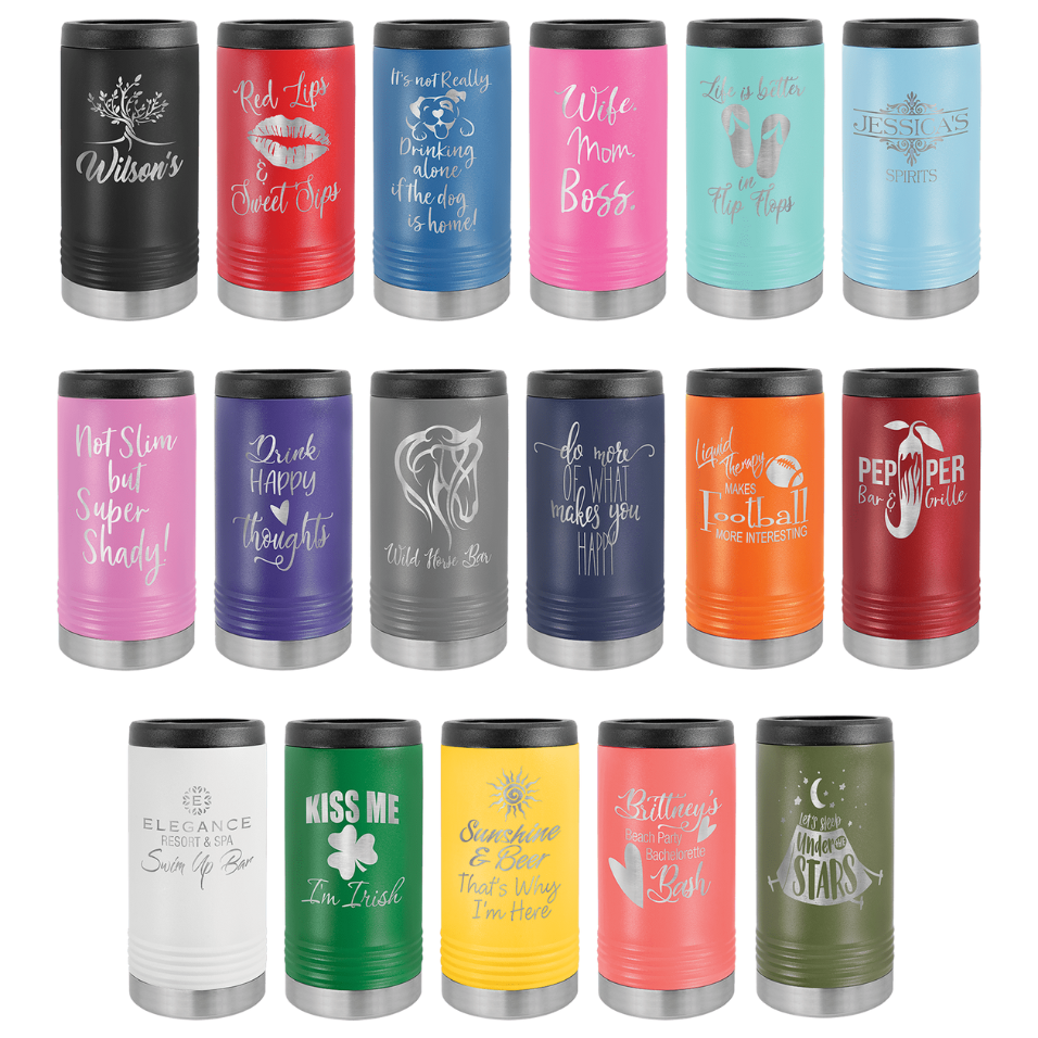Collection of insulated tumblers with various designs and text on a white background