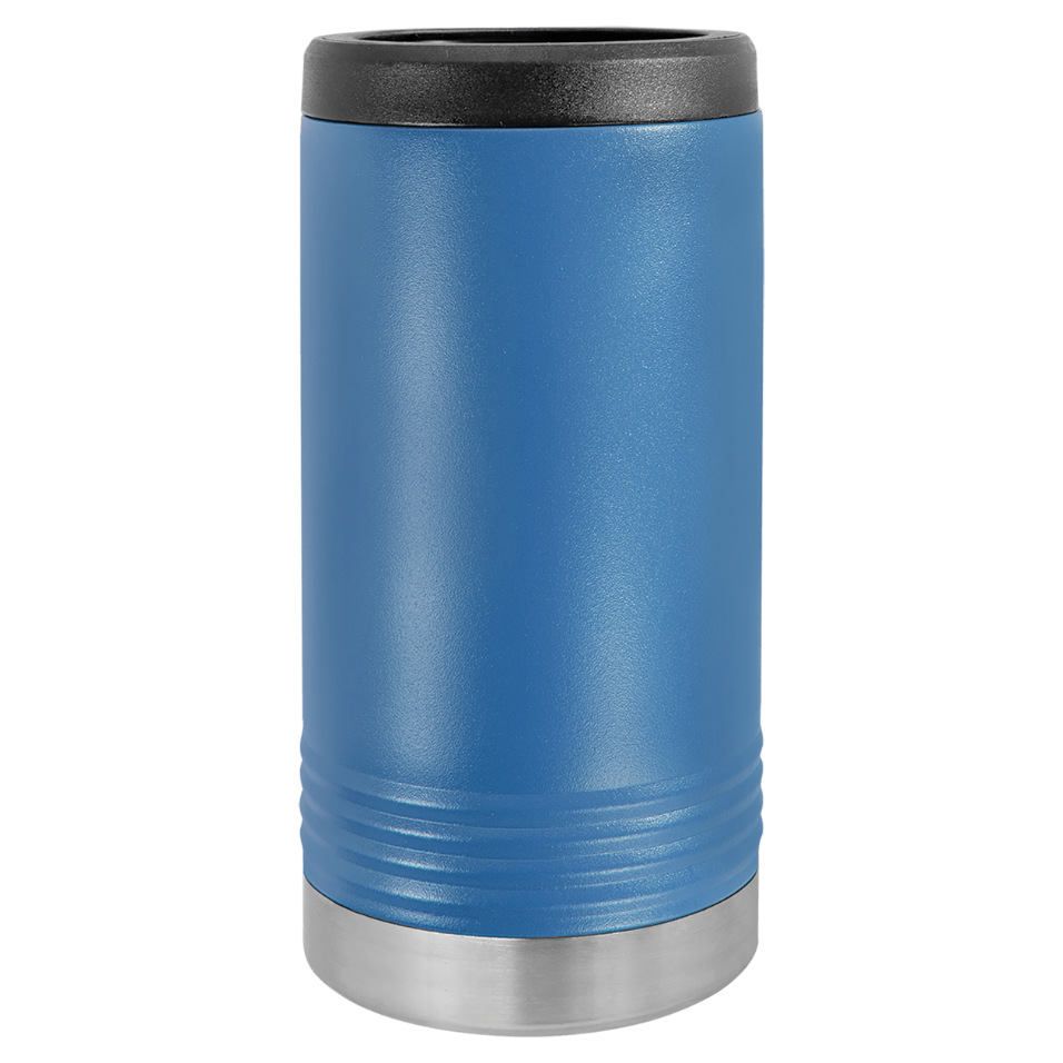 Blue insulated tumbler with black lid on a white background