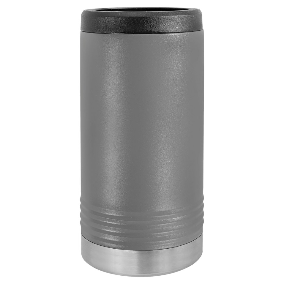 Gray insulated tumbler with black lid on a white background