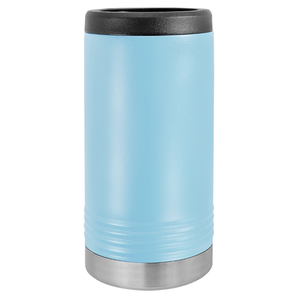 Light blue insulated tumbler with black lid on a white background