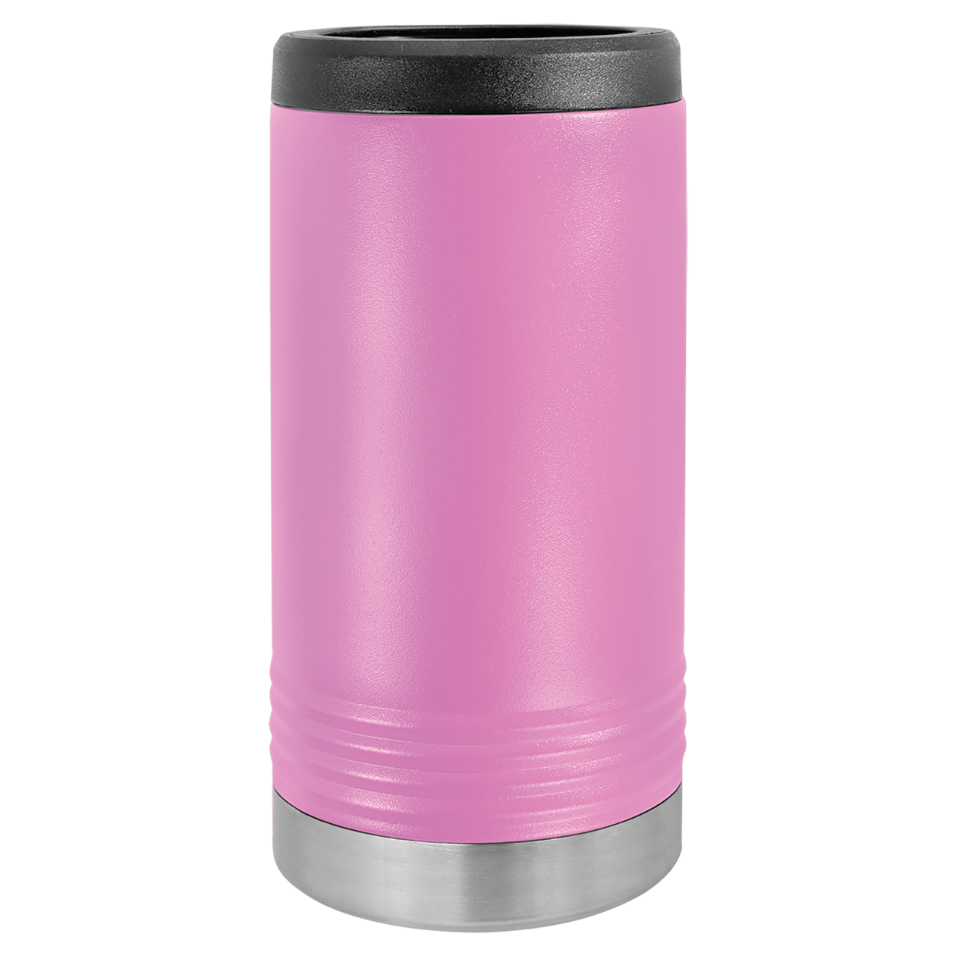 Pink insulated tumbler with black lid on a white background