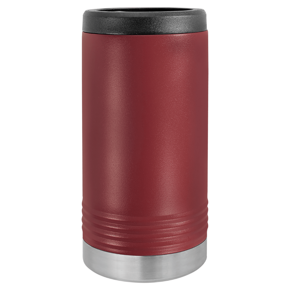 Red insulated tumbler with black lid on a white background