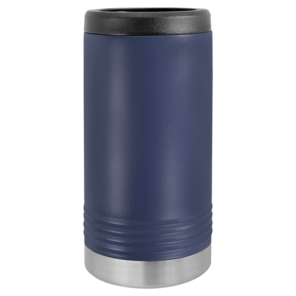 Blue insulated tumbler with black lid on a white background