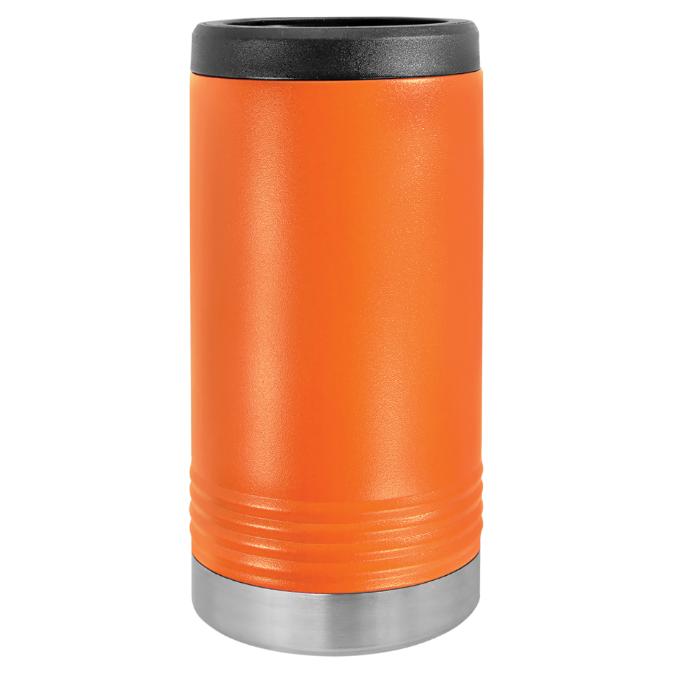 Orange travel mug with black lid and silver base on a white background