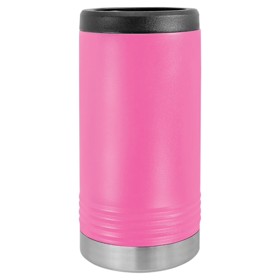 Pink insulated tumbler with black lid on a white background