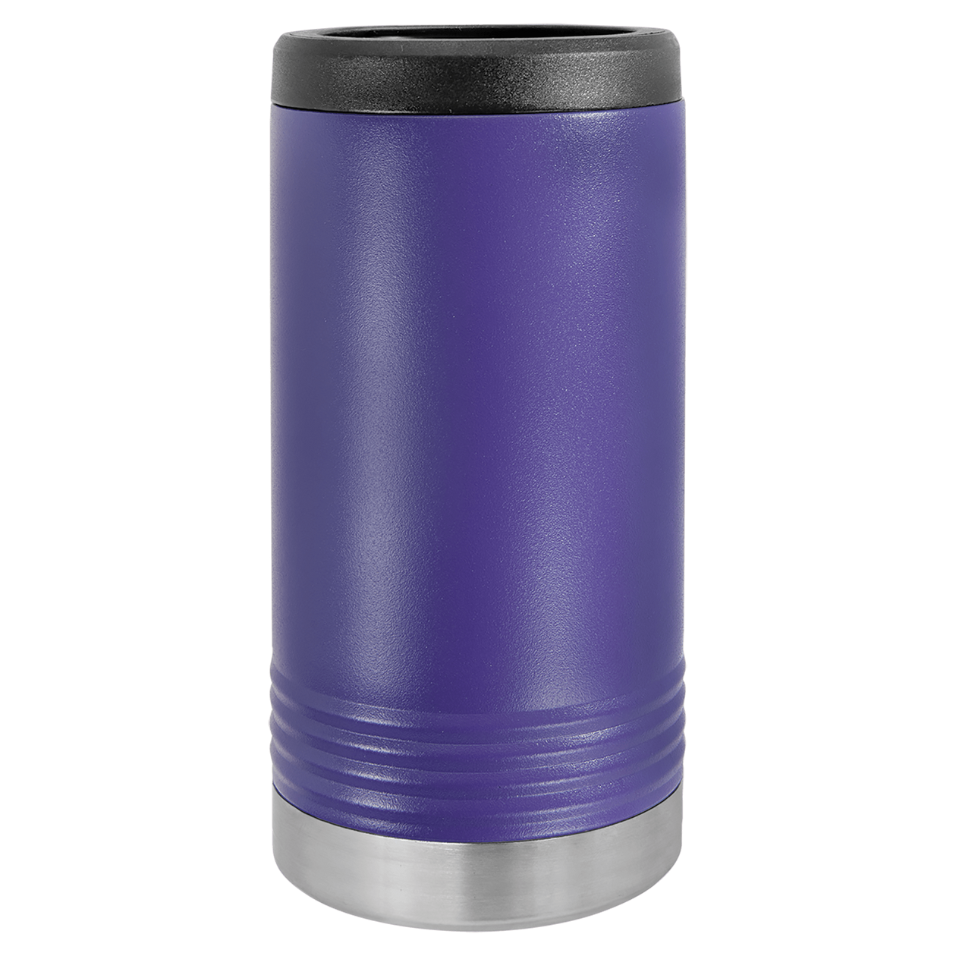 Purple insulated tumbler with black lid on a white background