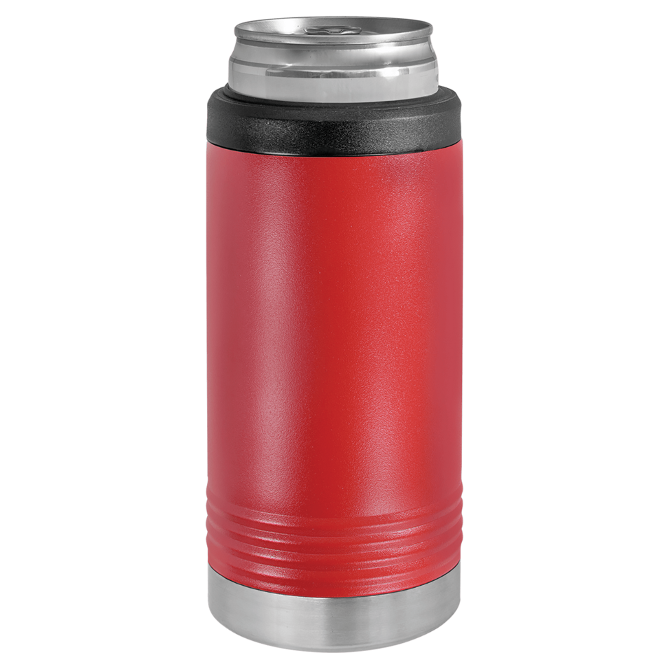 Red insulated bottle with black lid on a white background