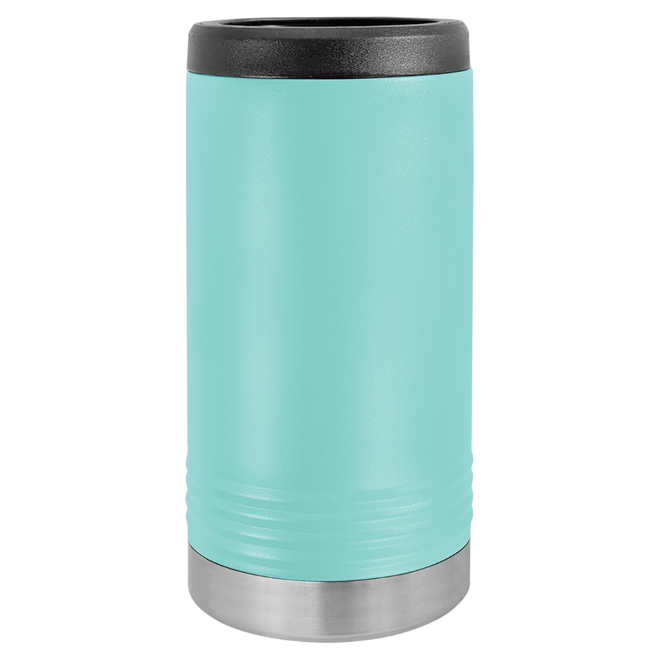 Turquoise insulated tumbler with black lid on a white background