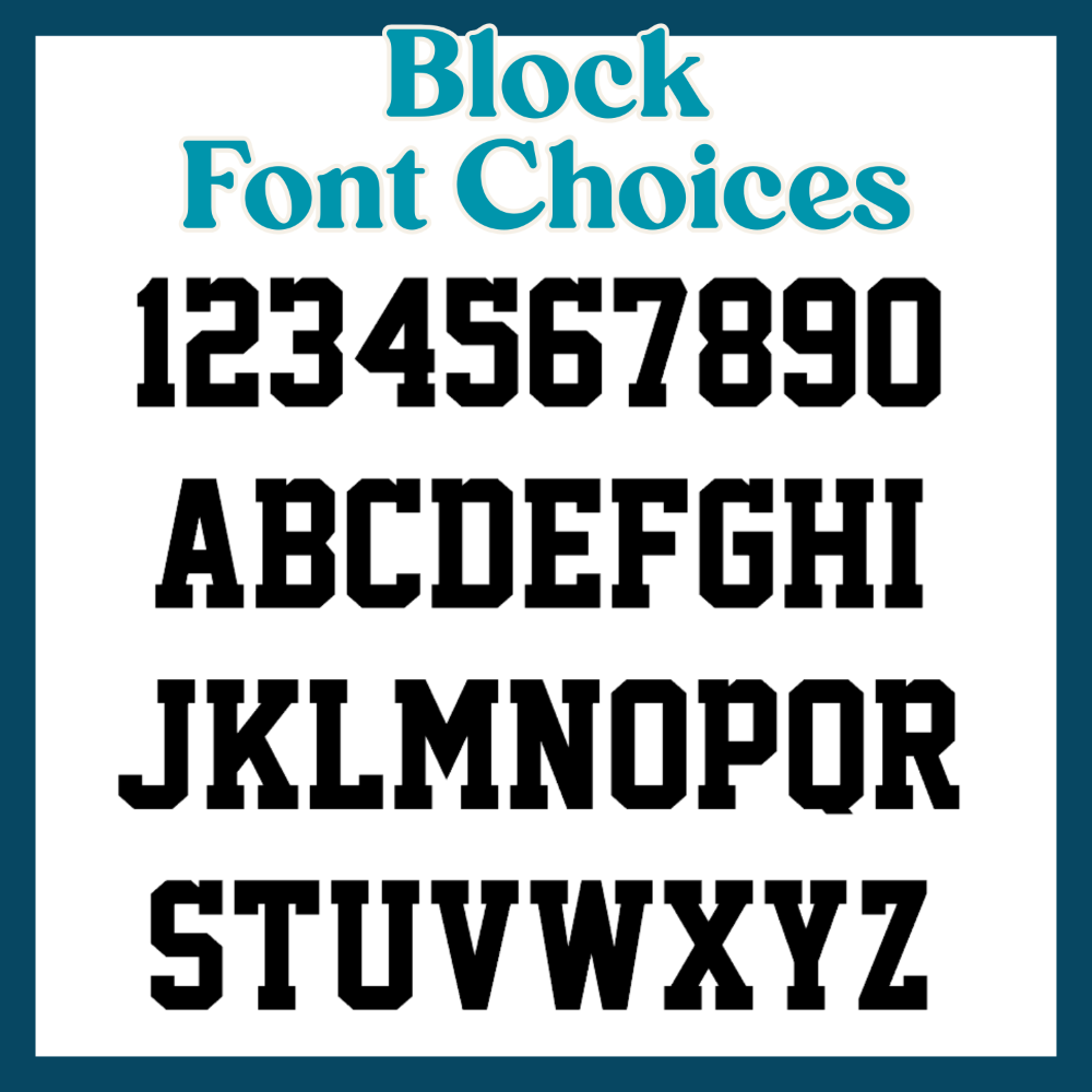 Block font choices with numbers and letters on a white background
