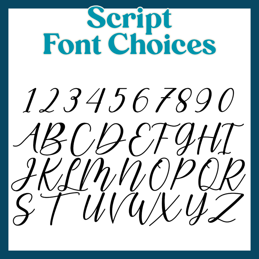 Script font choices with numbers and letters on a white background