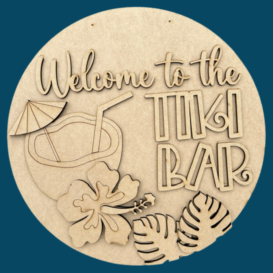 Decorative sign with 'Welcome to the Tiki Bar' text on a blue background