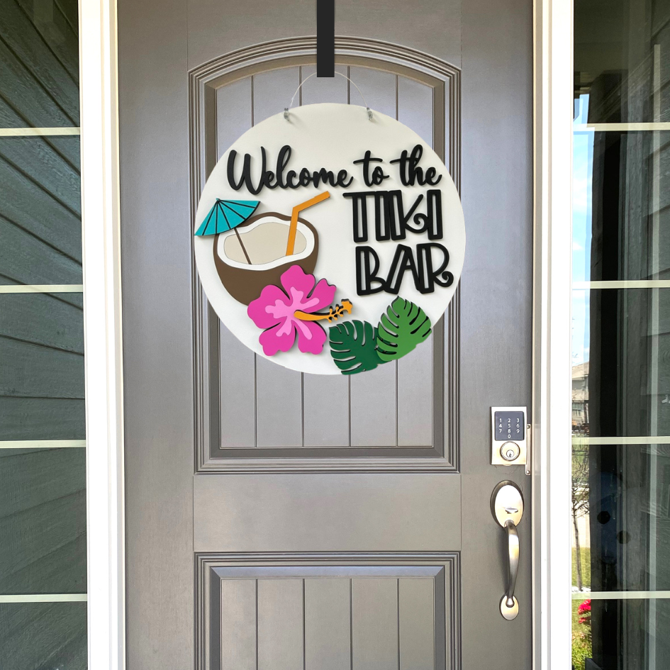 Decorative sign with 'Pool days' text on a wooden door