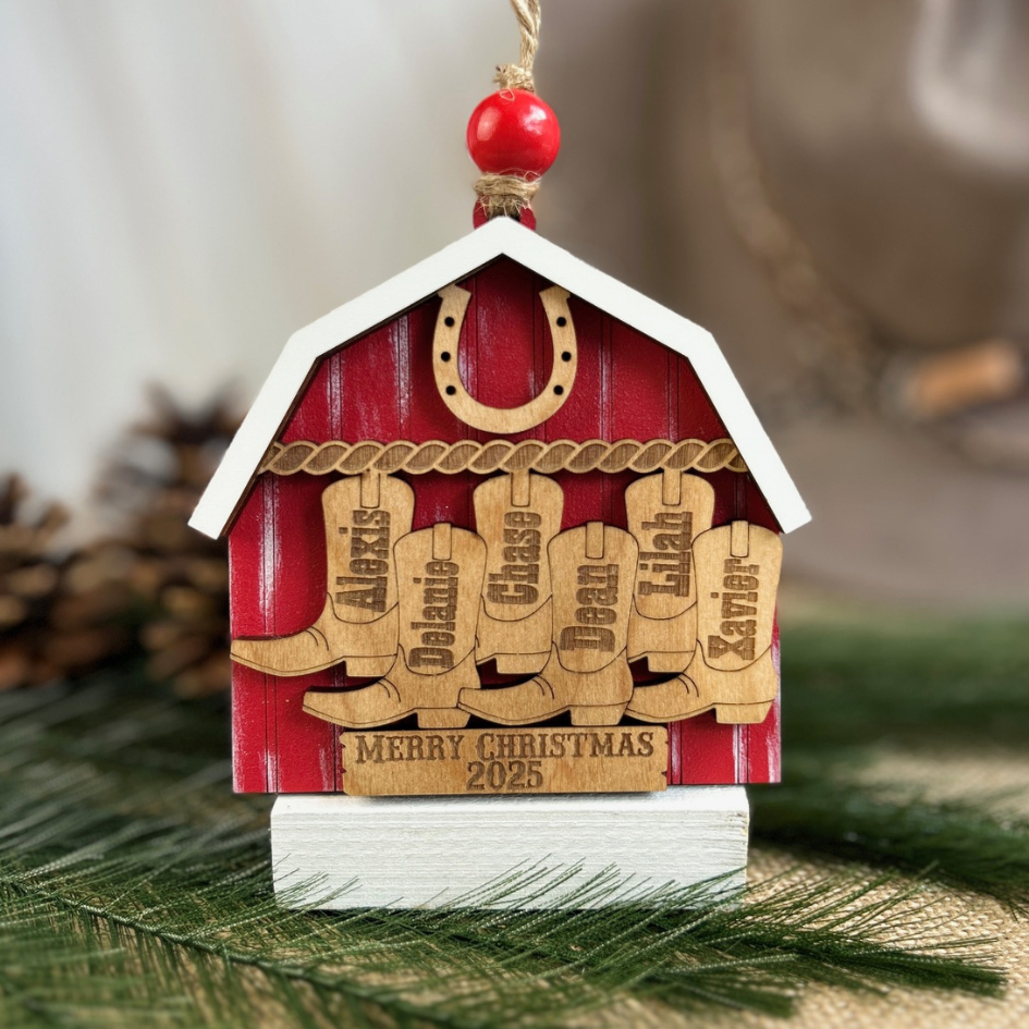 Personalized Cowboy Boot Family Barn Christmas Ornament