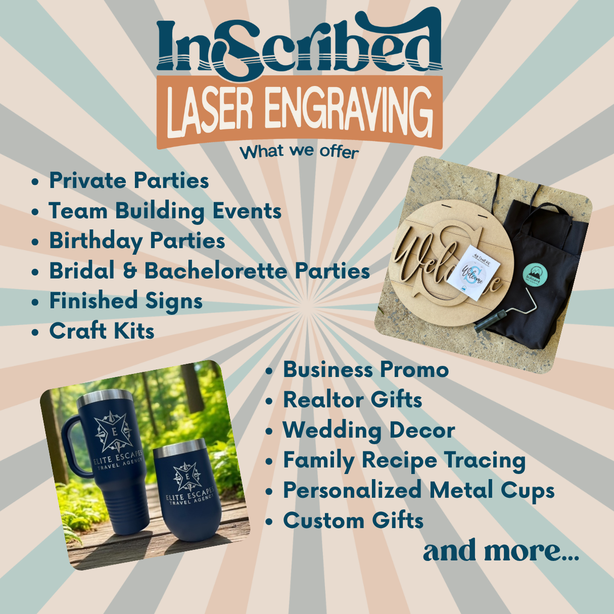 Private parties, finished signs, craft kits, business promo, realtor gifts, family recipe tracing, custom gifts in Cullman, AL.