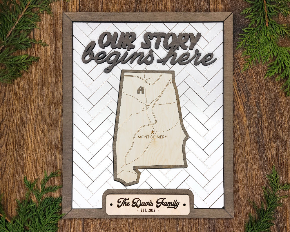 Our story begins here herringbone background.