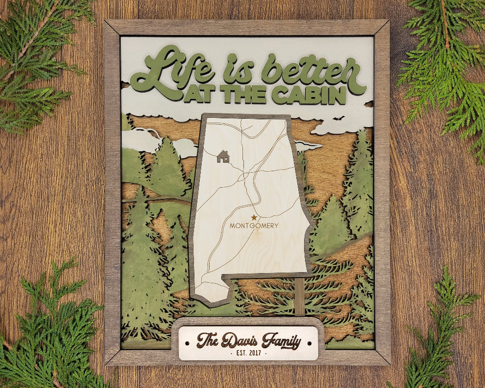 Life is better at the cabin forrest background.