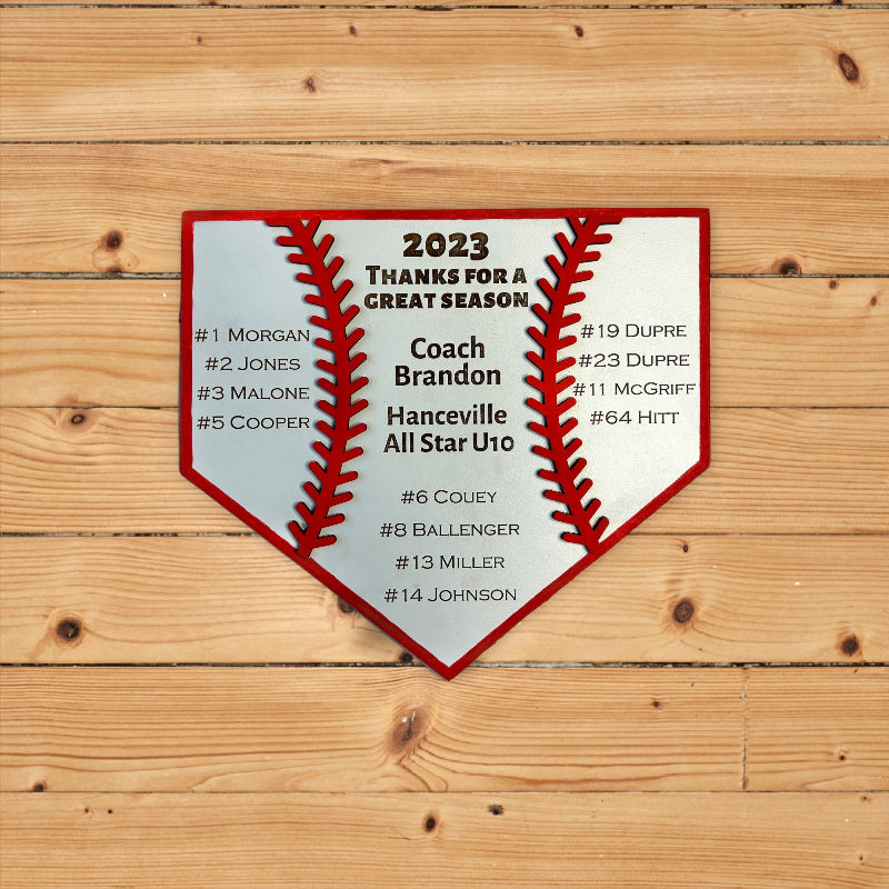 Baseball plate with the team and coaches names.