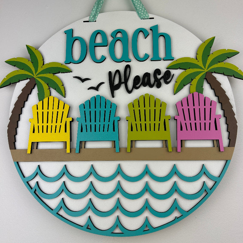 Beach Please relaxing palm trees and chairs summer sign.