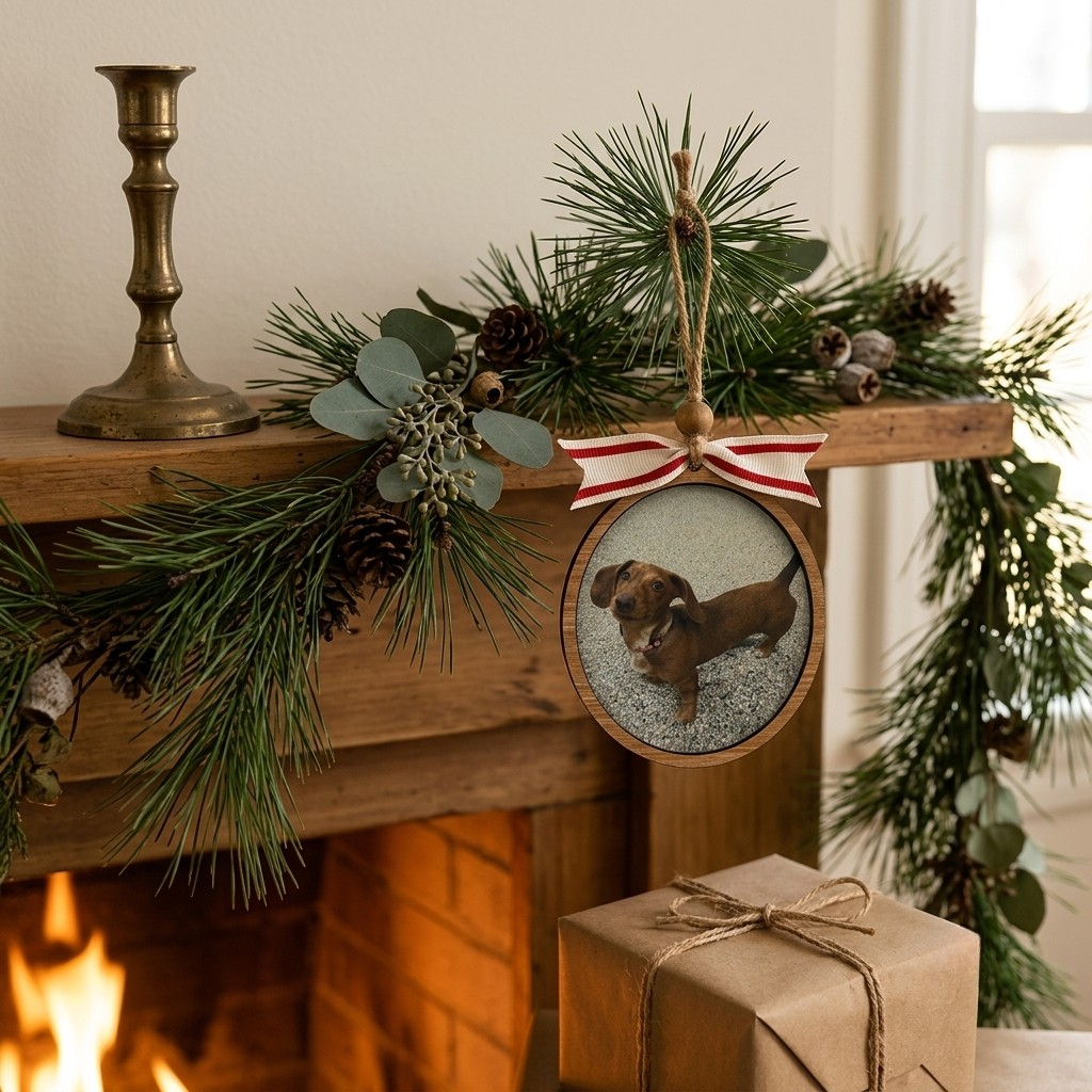 Decorative mantel with Christmas garland, gift, and photo ornament in front of a fireplace.