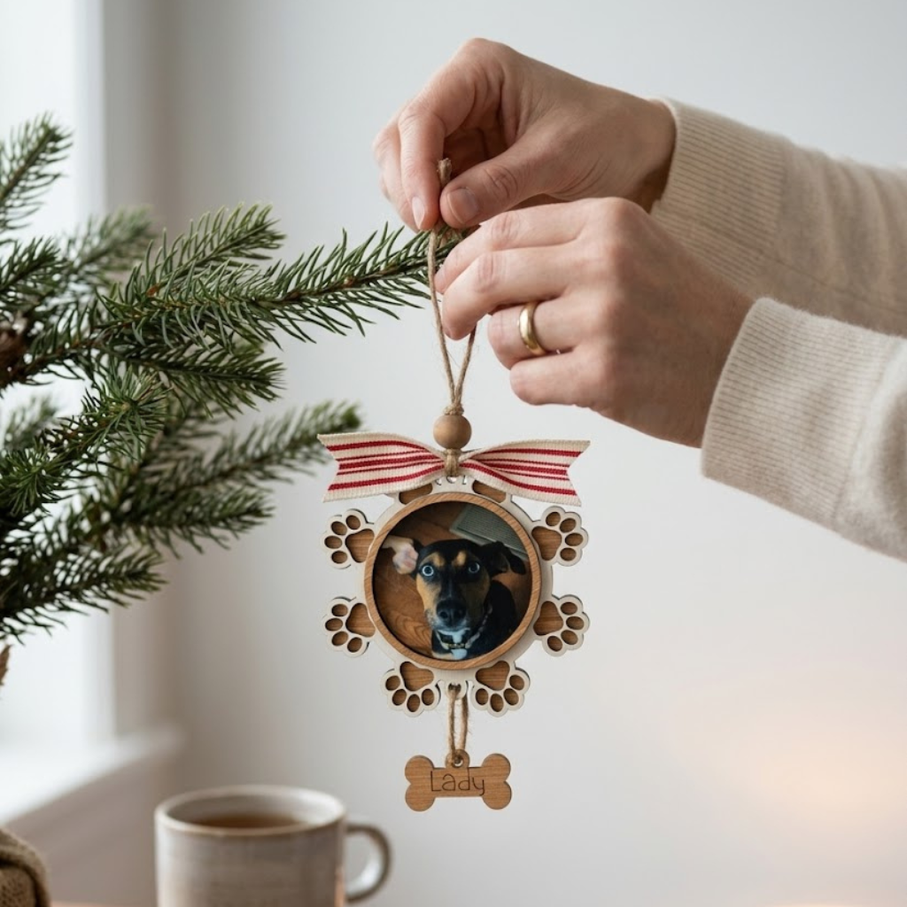 Person hanging a wooden ornament with a dog's face on a Christmas tree branch.
