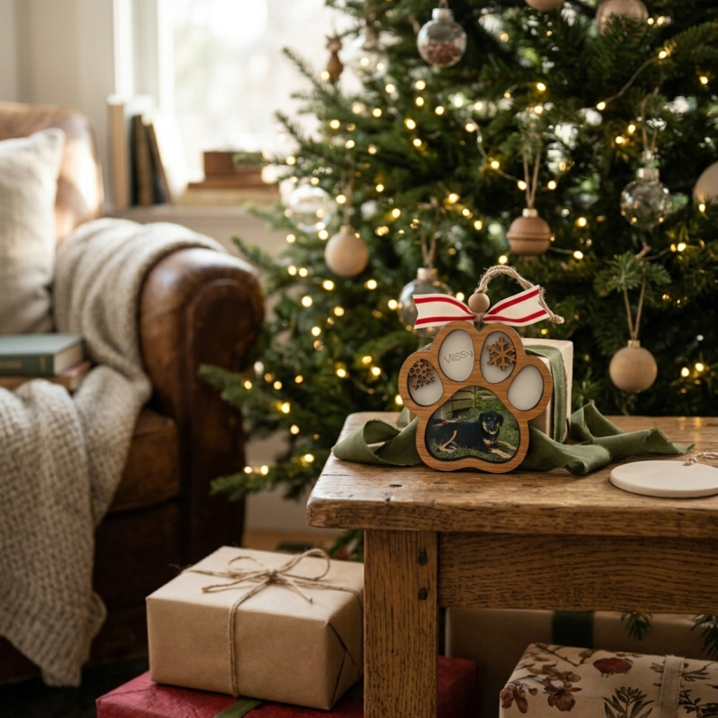 Decorative paw print ornament on a table with a Christmas tree and presents in the background