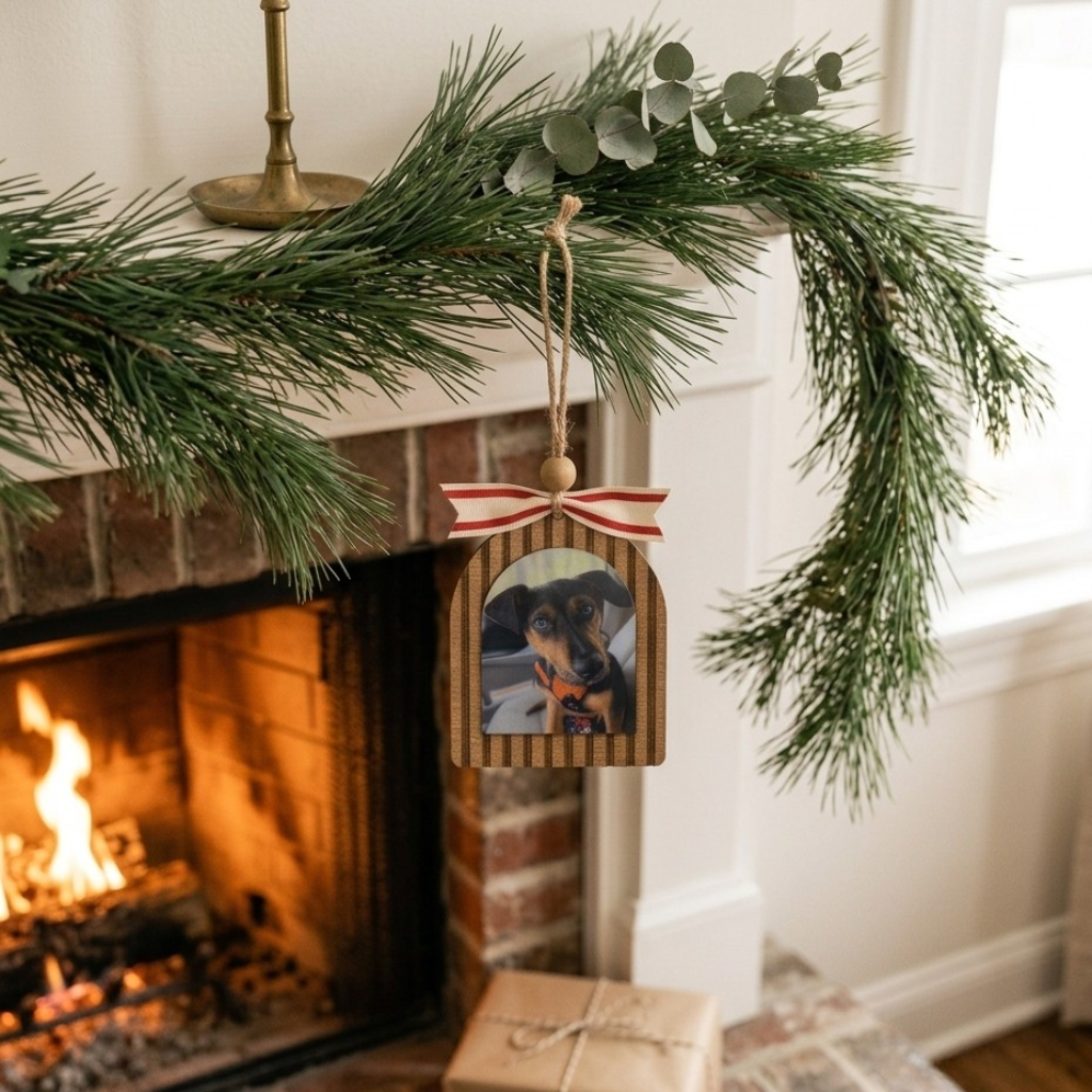 Decorative ornament with a dog's photo hanging above a fireplace with greenery.