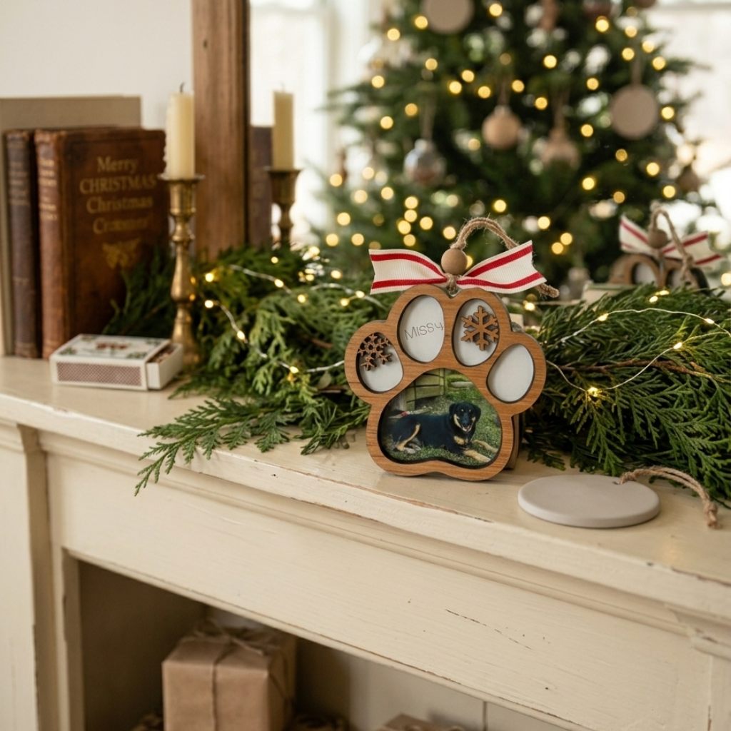 Decorative paw print photo frame on a mantelpiece with Christmas tree in the background