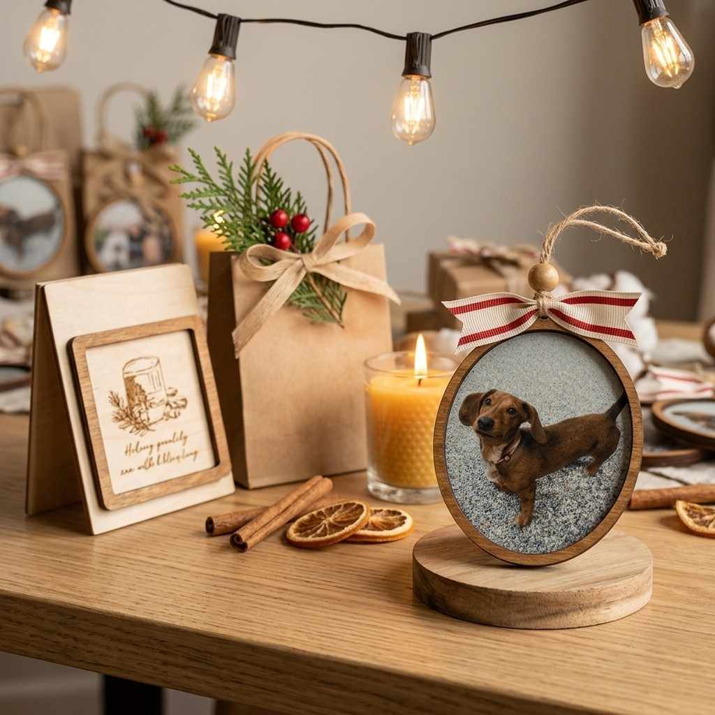 Decorative table setting with a wooden ornament featuring a dog, candles, and gift bags.