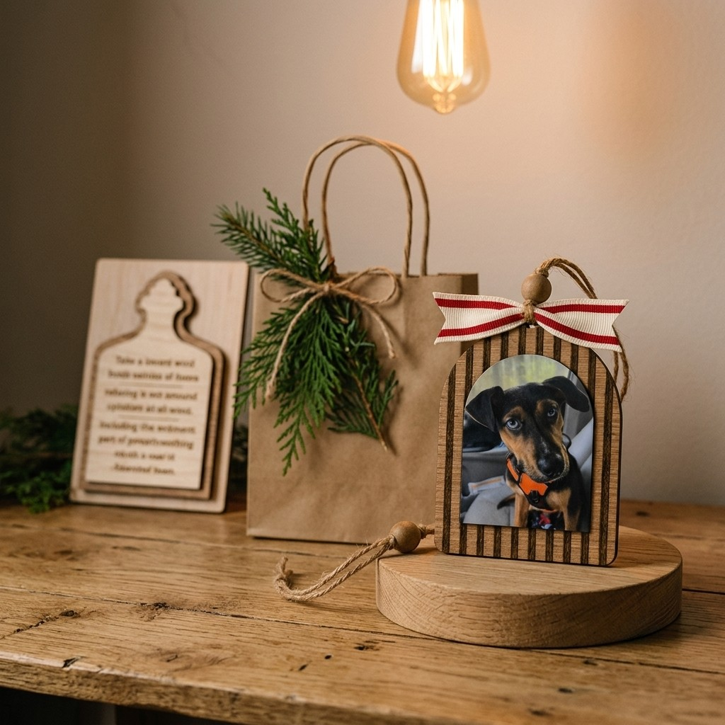 Decorative photo frame with a dog's picture, gift bag, and wooden plaque on a wooden surface.