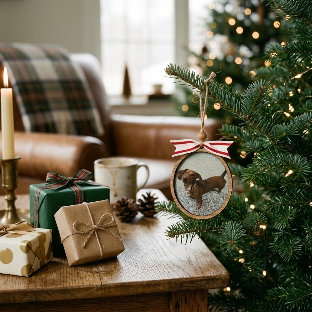 Christmas tree with ornament, presents, and a cup on a wooden table.