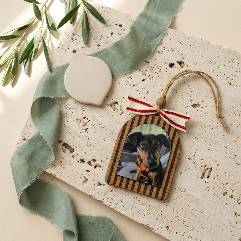 Decorative ornament with a photo of a dog on a textured surface with greenery.