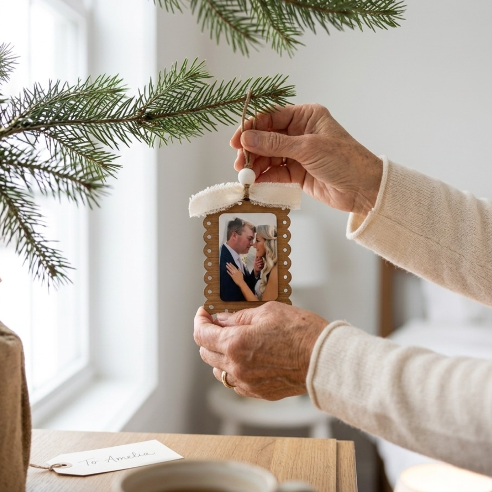 Person holding a Christmas ornament with a photo of a couple in front of a decorated tree.