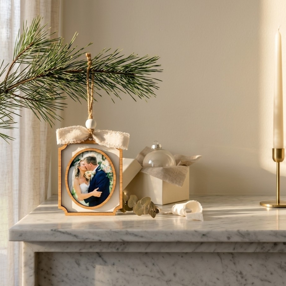 Decorative photo ornament with a couple on a marble mantel with a candle and greenery.