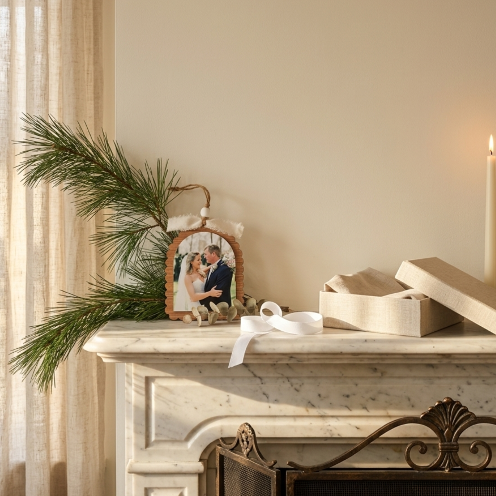 Decorative mantel with a photo frame, candles, and greenery in a home setting.