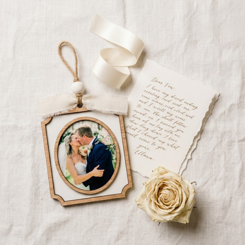 Decorative photo ornament with a couple, a letter, and a rose on a textured surface.