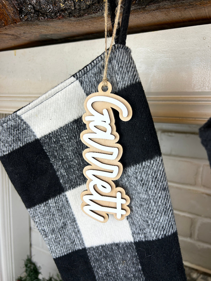Close up of the stocking name tag.