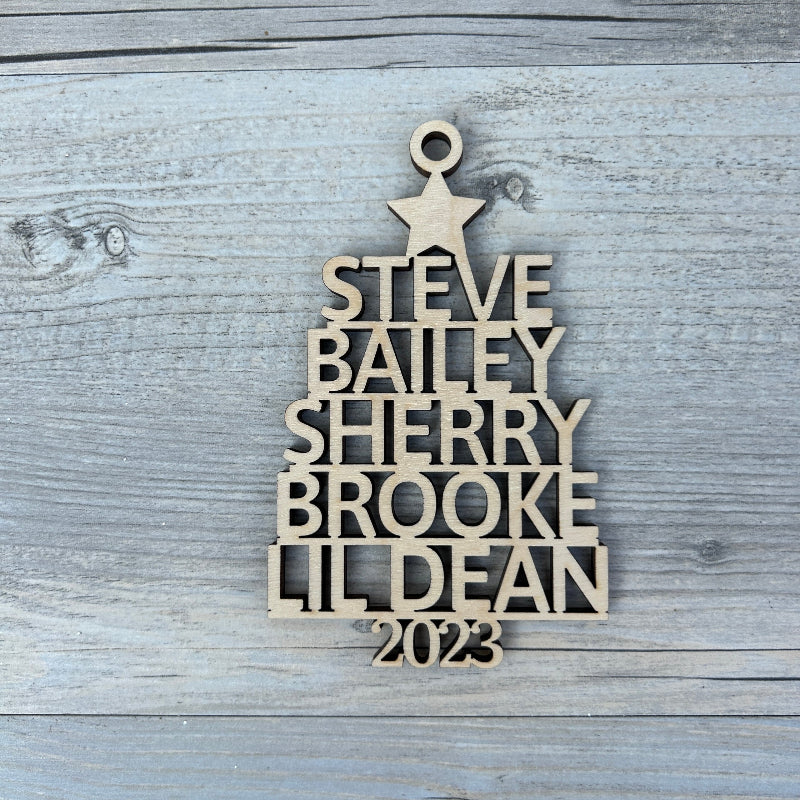Beautiful ornament with family names in the shape of a Christmas tree.