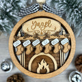 Round version of the fireplace ornament with names on stockings
