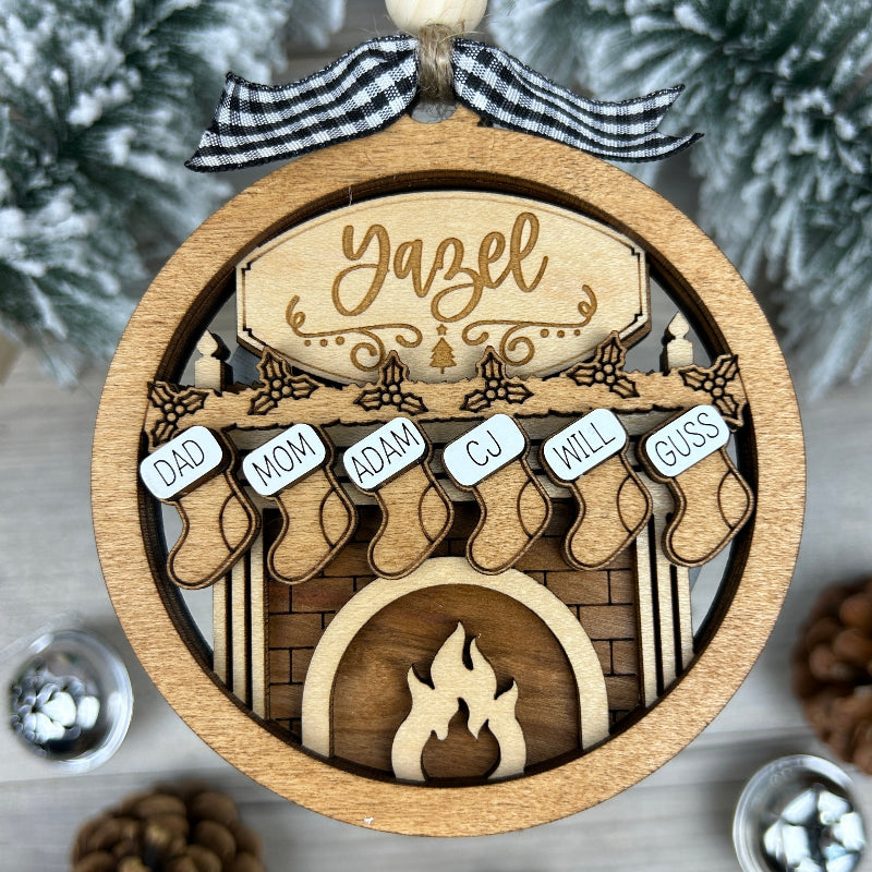 Round version of the fireplace ornament with names on stockings