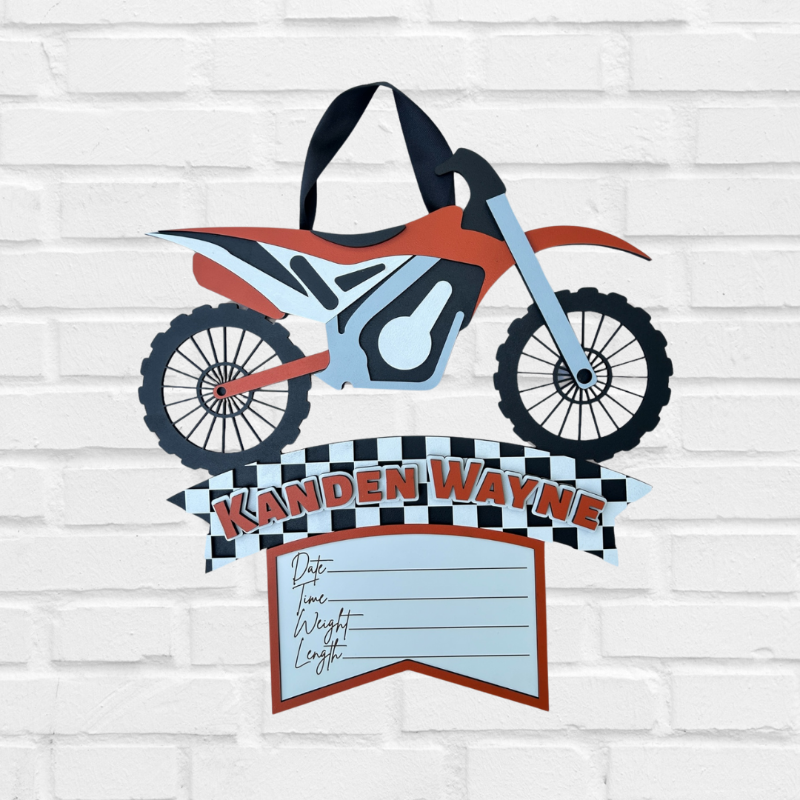 Dirt Bike baby name sign where you can write the baby stats at the bottom.