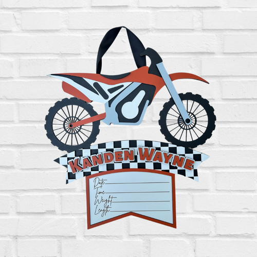 Dirt Bike baby name sign where you can write the baby stats at the bottom.
