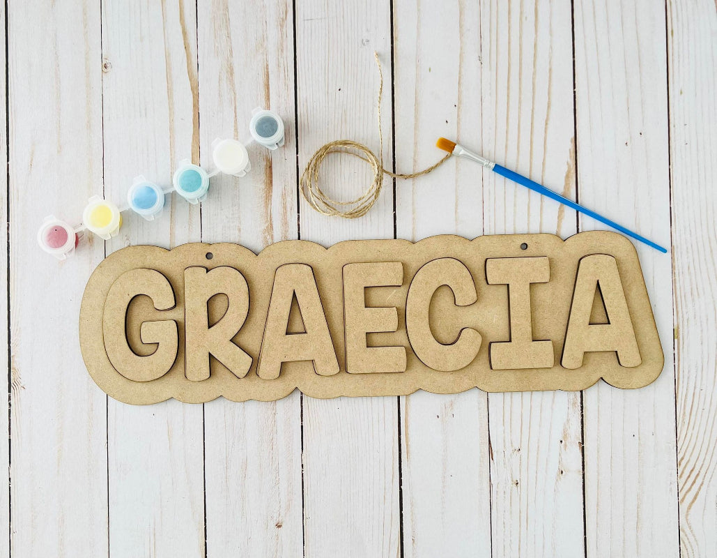 Unfinished DIY name sign for kid crafters that you will receive.