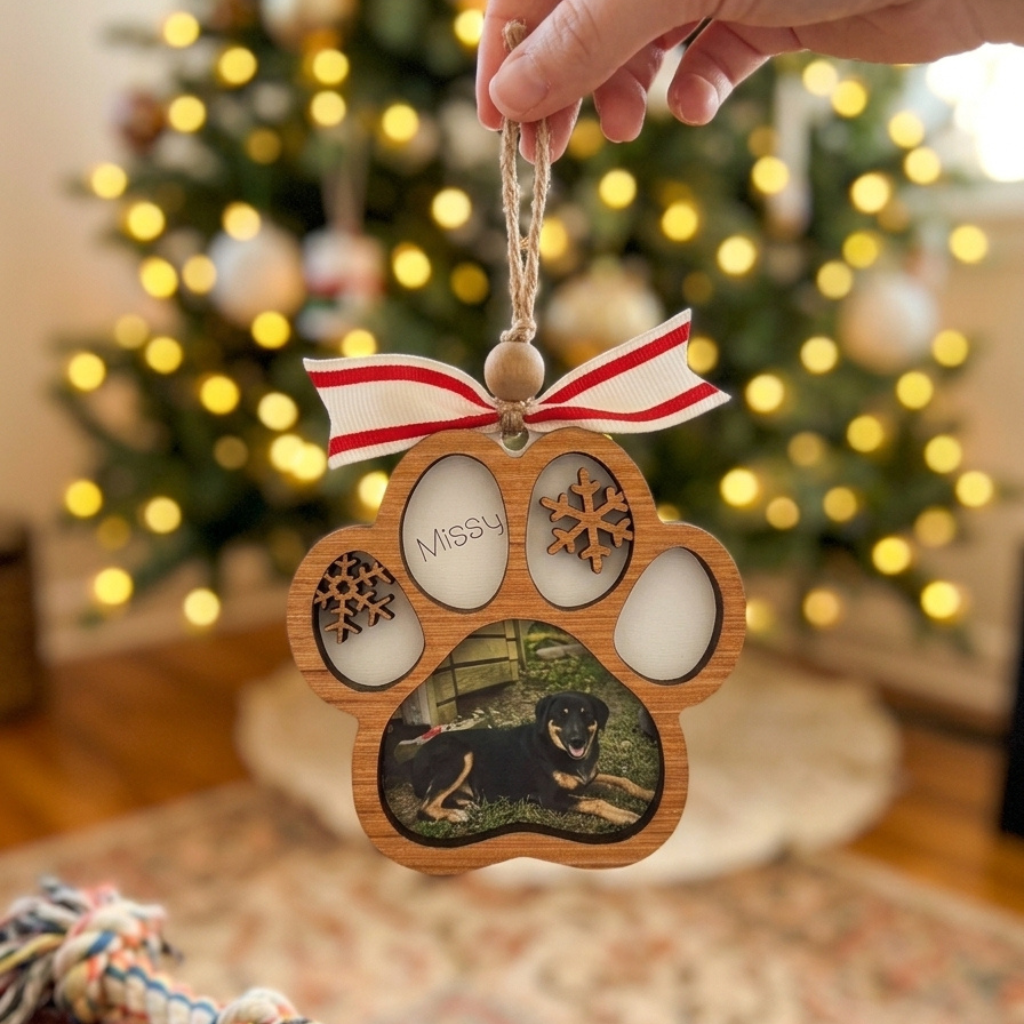 Wooden paw-shaped photo ornament with a ribbon, held in front of a decorated Christmas tree.