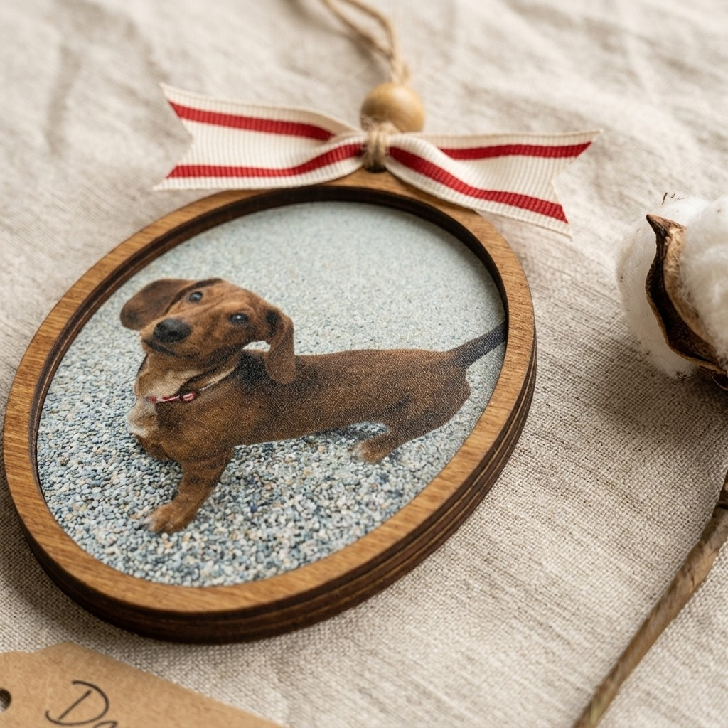 Decorative hoop with a dachshund inside, tied with a ribbon on a textured surface.