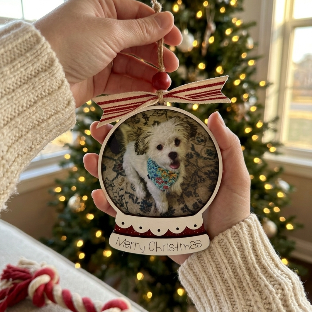Hand holding a Christmas ornament with a dog's photo inside, Christmas tree in the background