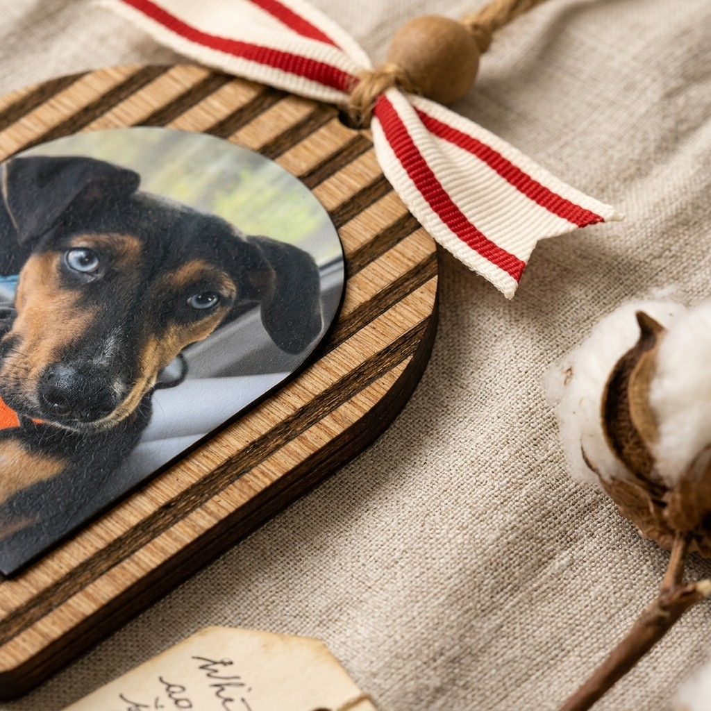 Wooden ornament with a photo of a dog and a red and white ribbon on a textured surface.