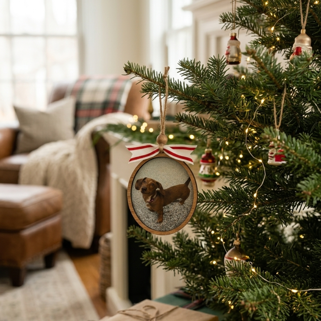 Christmas tree with a decorative ornament featuring a dog, surrounded by festive decorations and lights.